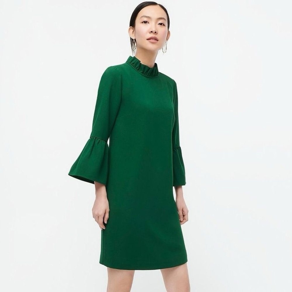 J.Crew Dress Green Crepe Ruffle Neck Bell Sleeve Shift Cocktail - Picture 2 of 14